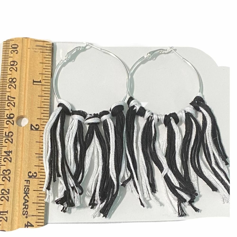 Boho Fringe Tassel Hoop Statement Earrings Black White Silver Tone‎ Big Festival - Picture 2 of 3